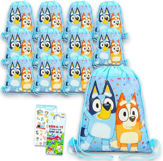 Bluey Party Favor Bags Set - Bundle with 12 Bingo Drawstring Bags for Kid and Stickers | Bluey Birthday Party Supplies