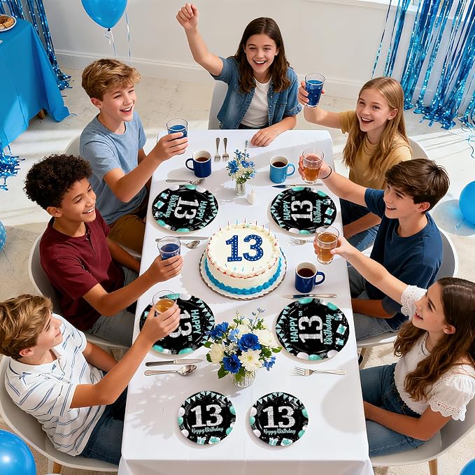 96Pcs 13th Birthday Party Supplies Teal Blue and Black Plates and Napkins Disposable Turquoise Teenager 13 Years Old Paper Tableware Set for Boys Girls 13th Birthday Party Decorations Serves 24