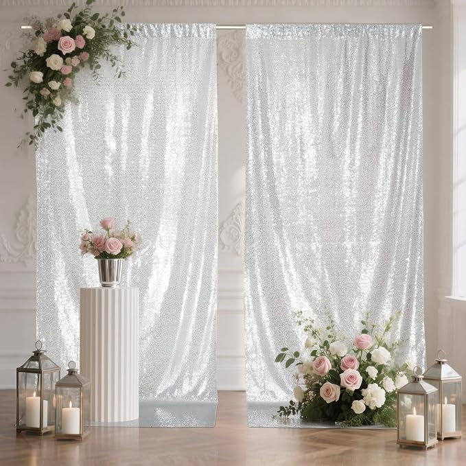 SquarePie 2 PCS 4x10ft Silver Sequin Backdrop for Photography, Extra Long Satin-Backed Real Sequin Curtain, High-Density Shimmering Background with 4" Rod Pocket for Wedding Ceremony, 2 Panels