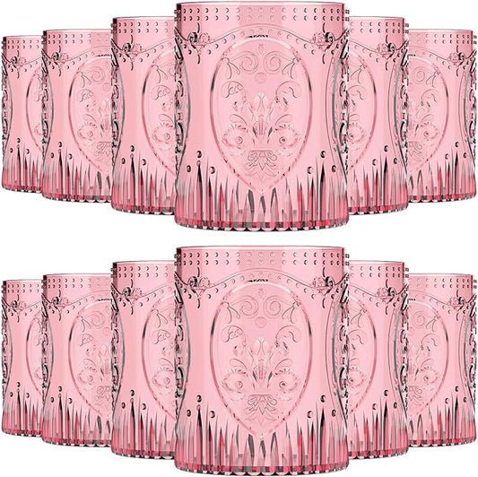 Qinyoung 12 Plastic Vintage Drinking Glasses 8.5oz Stemless Retro Embossed Wine Glasses Shatterproof Reusable Cups for Baby Shower Wedding Reception Grand Event Party (Pink)