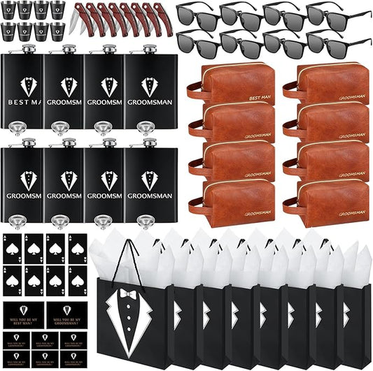80Pcs Groomsmen Gifts Groomsmen Proposal Box with Flasks Sunglasses PU Leather Toiletry Bag Bottle Opener for Wedding Groomsman Best Man Gift (80, Brown)