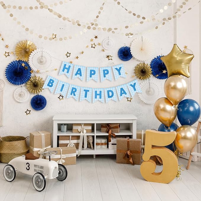 Custom Banner Kit, 28 Blue Printed Burlap Banner with 92 Felt Letters, Make Your Own Diy Customizable Kit for Birthday Wedding Party Decorations