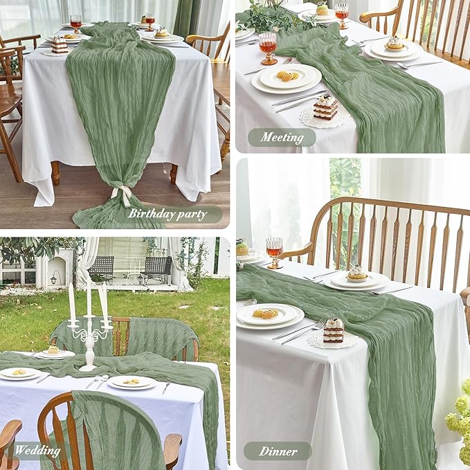IVAPUPU 2 Pcs Cheesecloth Table Runner - 10ft Sage Green Boho Rustic Gauze Cheese Cloth Table Runner for Baby Shower Decorations Wedding Party Spring Garden Farmhouse Mothers Day Decor