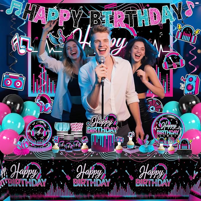 Karaoke Party Decorations for 25 Guests, 208PCS All-in-One Music Party Supplies Set with Banner, Backdrop, Balloons, Cake Toppers, Plates, Napkins and Tablecloth, Music Theme Birthday Decor