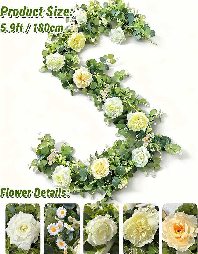 5.9FT Artificial Eucalyptus Garland with Flowers (Roses, Peonies, Daisies); Artificial Flower Garland for Weddings, Backdrops. Artificial Rose Vine For Home Decor, Table Decor, Door & Hanging Decor.