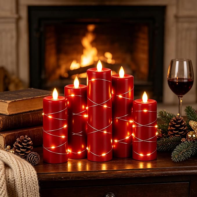 Da by 5 Pack Red Real Wax Flameless Taper Candles, Lifelike Flickering LED Candles with Copper String Lights, Battery Operated Candles with Remote for Holiday Wedding Home Decor