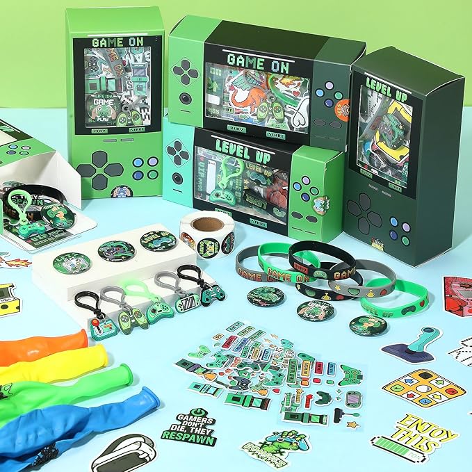 147 Pcs Video Game Party Favors for Kids Gamer Goodie Bag Stuffers Gaming Birthday Party Supplies with Gift Boxes, VIP Pass, Balloons, Bracelets, Keychains, Badges, 3D Stickers (Green)