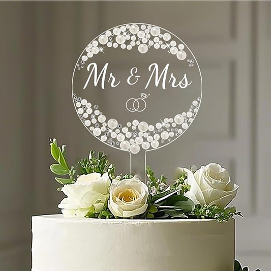 Coucoland Mr and Mrs Cake Topper - Acrylic Wedding Cake Decor with Pearls and Rhinestones for Engagement Bridal Anniversary