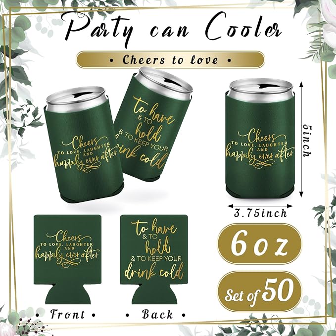 Qinyoung 50 Pieces Dark Green Wedding Can Cooler Bulk Engagement Party Favors for Guests Cheers to Love and Happily Ever After Rehearsal Dinner Decorations for Wedding Bridal