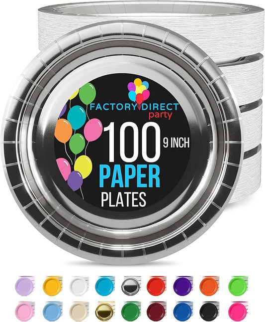 Exquisite Silver Paper Plates Disposable Heavy Duty 9 Inch Silver Disposable Plates For Party 100 Pcs Heavy Duty Paper Plate 350 GSM, Birthday Party Supplies Plate Set