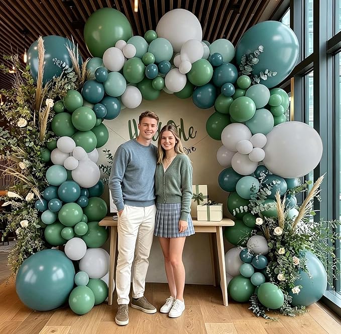 Dusty Blue Green Balloon Arch Kit Double Stuffed Sage Dusty Green White Matte Balloon Garland Slate Blue Teal Latex Balloons for Baby Shower Birthday Neutral Bridal Wedding Silly Goose Party Decor