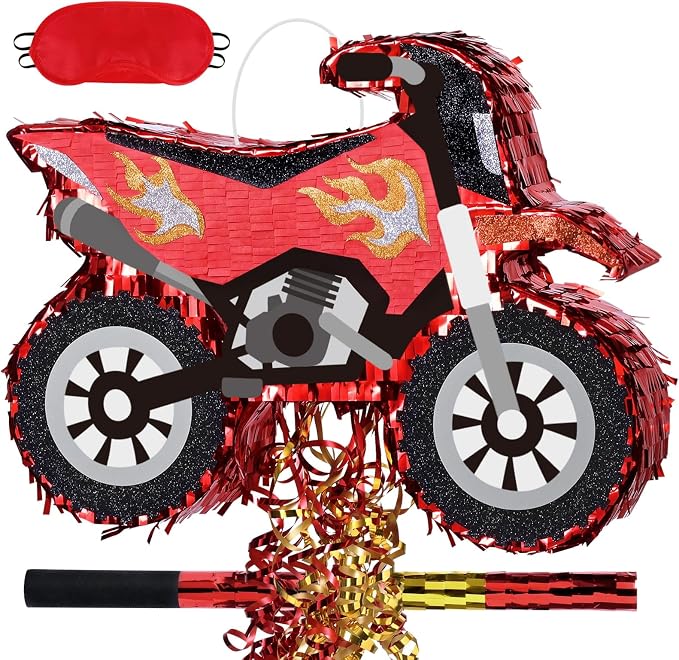 WERNNSAI Motorcycle Piñata - Dirt Bike Piñata with Stick and Blindfold, for Men Motorcycle Themed Birthday Party Decorations, Celebration Game Supplies (16.5" x 12.4" x 2.9")