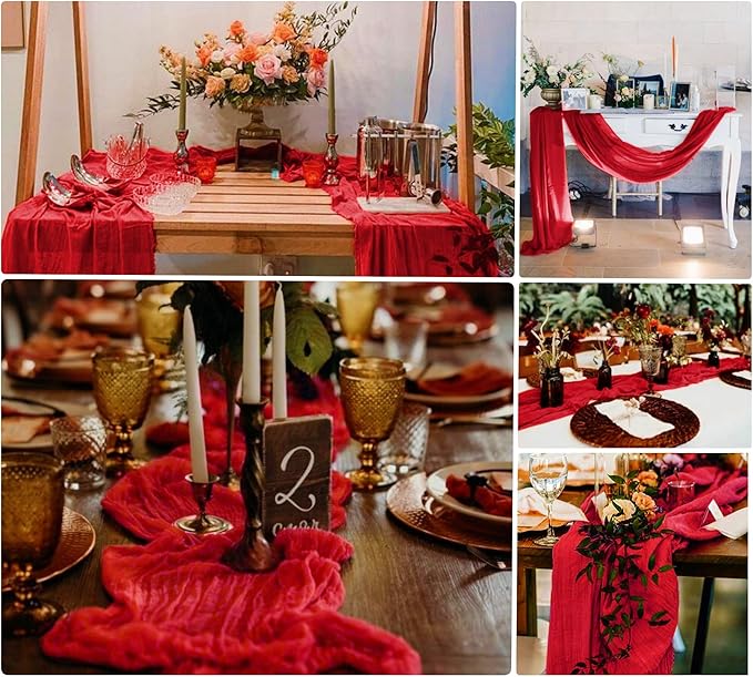 15 Pack Cheesecloth Table Runner 10Ft Gauze Cheese Cloth Table Runner 35 x 120Inch Red Table Runners for Wedding Birthday Party Engagement Holiday Baby Bridal Shower Anniversary Christmas Table Decor