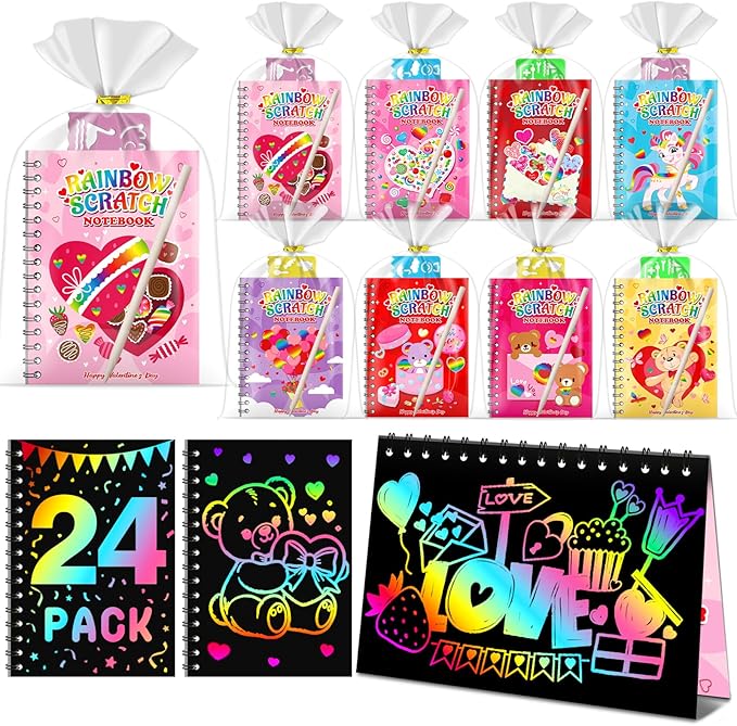 Scratch Art Party Favors for Kids: 24 Pack Valentines Rainbow Scratch Art Notebook Classroom School Party Supplies Bulk for Girls Boys Goodie Bags Stuffers, Valentines Day Gifts for Kids Classroom