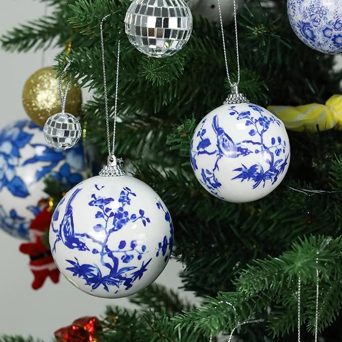 10 Pcs Chinoiserie Ornaments Ball White Blue Hanging Christmas Plastics Ball Decoration DIY Party Xmas Tree House Holiday Wedding Party Garden Baubles Decor
