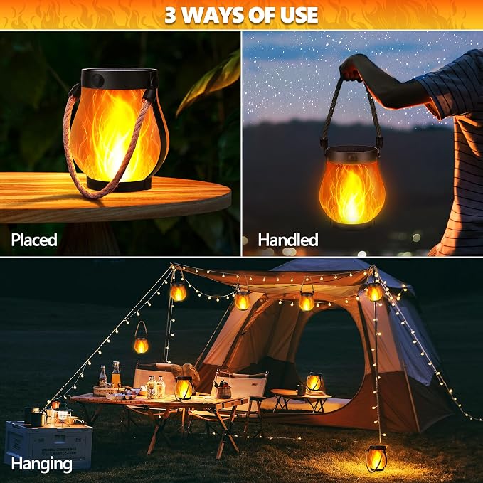 Jyoiat Solar Outdoor Lanterns Waterproof - 2 Pack Ultra-Real Flame Solar Lantern Lights with Dual Charging Modes (Solar/USB) for Garden Yard Patio Birthday Mothers Day Gifts (Warm White - 2 Pack)