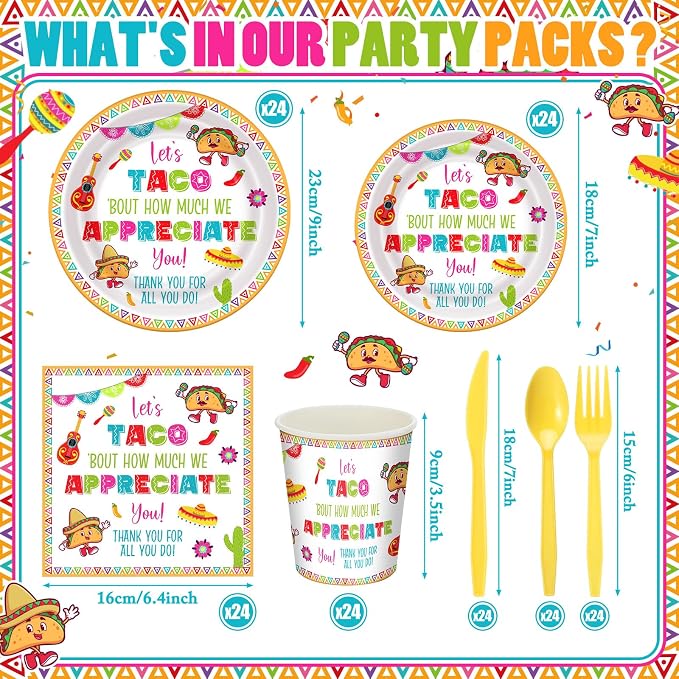 168 Pcs Let's Taco Bout How Much We Appreciate Party Decor Back to School Favors Bulk Employee Appreciation Supplies Cinco De Mayo Fiesta Taco Plates and Napkins Sets Serve 24