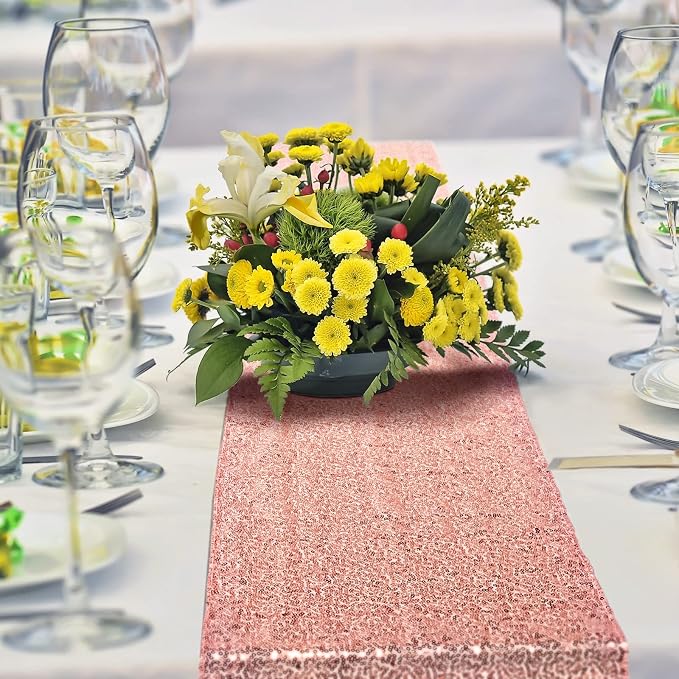 Shimeyao 10 Pcs Rose Gold Table Runner and Tablecloth White Rectangle 54 x 108 Inch Table Cover Sequin 12 x 108 Inch Runners Disposable Plastic Tablecloth for Wedding Baby Shower Birthday