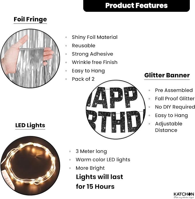 KatchOn, Black and Silver Happy Birthday Banner, Pack of 5 | Silver Fringe Backdrop, LED Lights & Cake Topper | Birthday Decorations, Party Decor for Men, Women, Girls & Boys