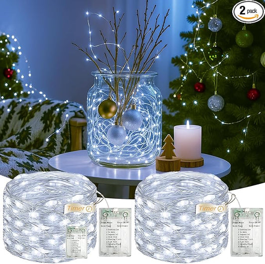 2 Pack 16FT 50 LED Fairy Lights Battery Operated with Timer, 8 Modes USB Mini Twinkle Light, Small String Lights for Tree Wreath Vase Bedroom DIY Holiday Wedding Party Decorations-Cold White