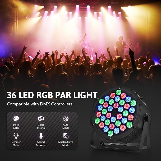 CO-Z Stage Lights 36 RGB LED Par Lights with Remote Control DJ Uplighting for Event Wedding Christmas Halloween Party Club Music Stage Lighting, 4 Pack
