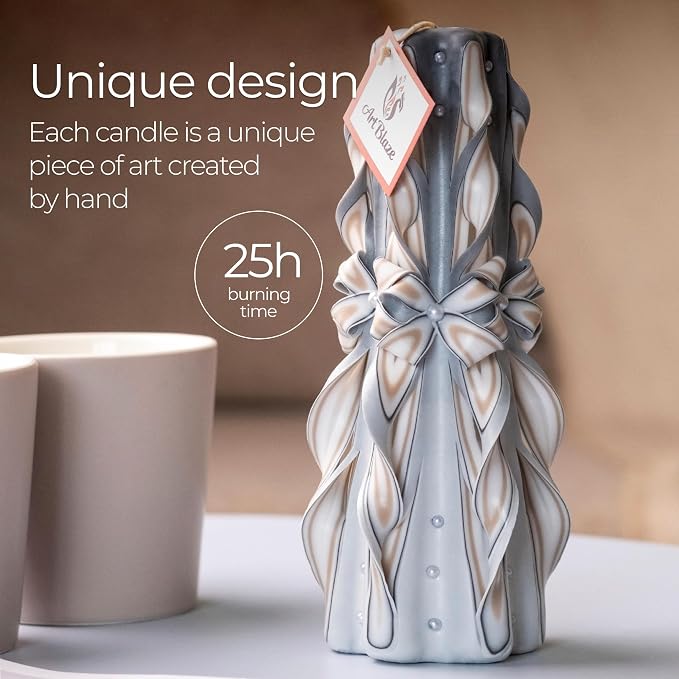 Carved Candles - Handmade Long Burning Decorative Luxury Candles - Unscented - Perfect for Home Decor, Anniversaries, Romantic Occasions, Gifts for Women, Christmas Gift for Mom - Big Grey