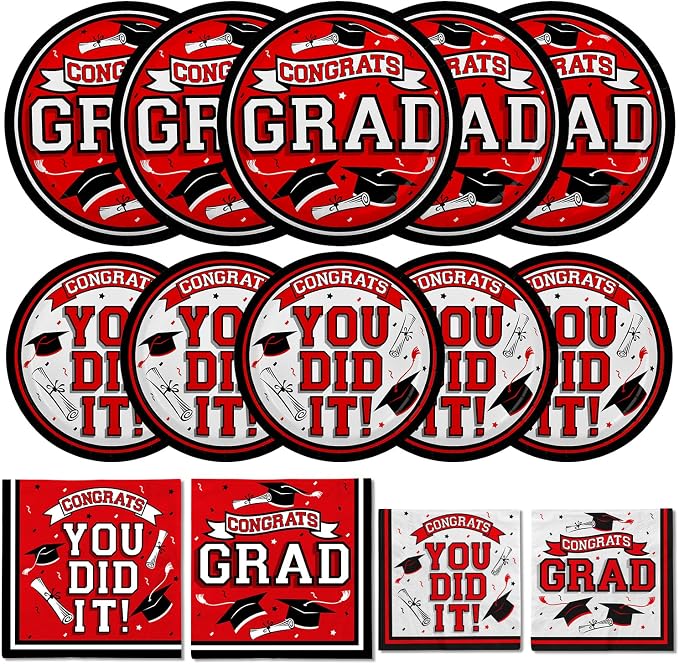 Gatherfun Graduation Party Supplies Dinnerware Set red Disposable dinner paper plates dessert paper plates and Napkins for Congrats Grad Party Decorations, Serve 50