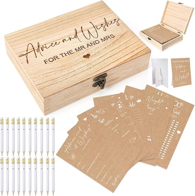 Silipull Bridal Shower Games Set for 50 Guests Includes Bingo, He Said She Said, Scramble, Would She Rather, Advice and Wishes Wedding Games Double Sided with Wooden Box, 20 Pencils (Kraft)