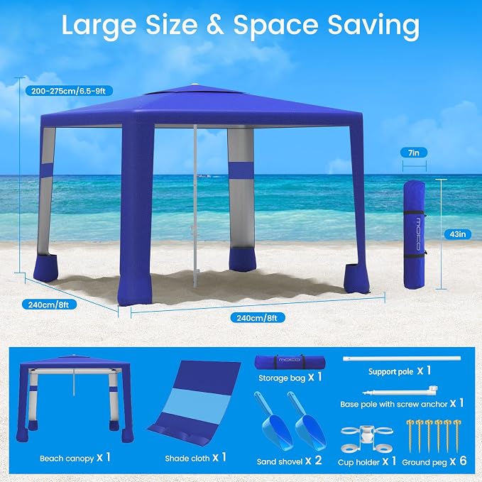 MoKo Beach Cabana, 8'×8' Large Beach Canopy with Side Wall, UPF 50+ Protection Easy Setup Beach Tent Sun Shelter, Adjustable Height Wind Resistant Cabana Beach Tent for Whole Family, Navy Blue