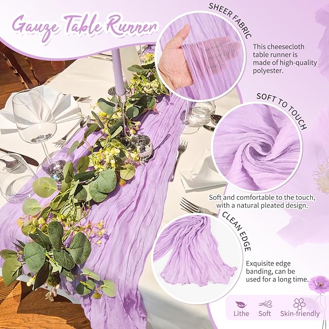 18 Pack Lilac Purple Cheesecloth Table Runner 17 x 108 inch Boho Gauze Table Runner Rustic Sheer Cheese Cloth Table Decorations for Wedding Party Baby Bridal Shower Birthday Holiday Home