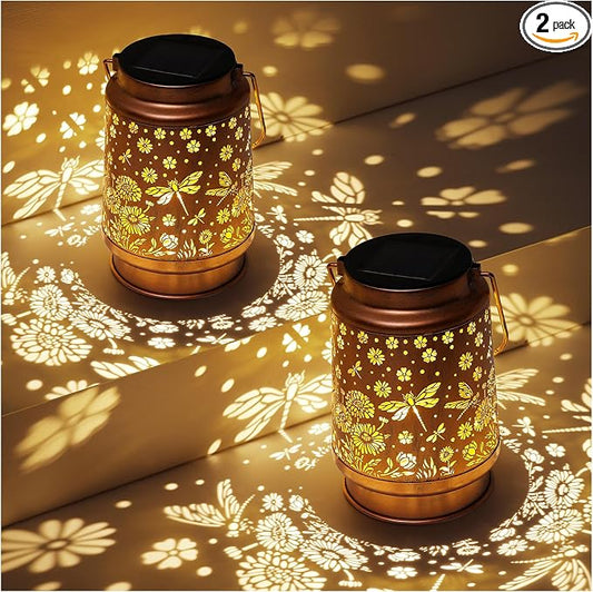 2 Pack Dragonfly Solar Lanterns Outdoor Waterproof Daisy Garden Decor Birthday Gifts for Women Mom Grandma Hanging Solar Lights Metal Lantern Decoration Outside for Porch,Patio,Yard,Backyard
