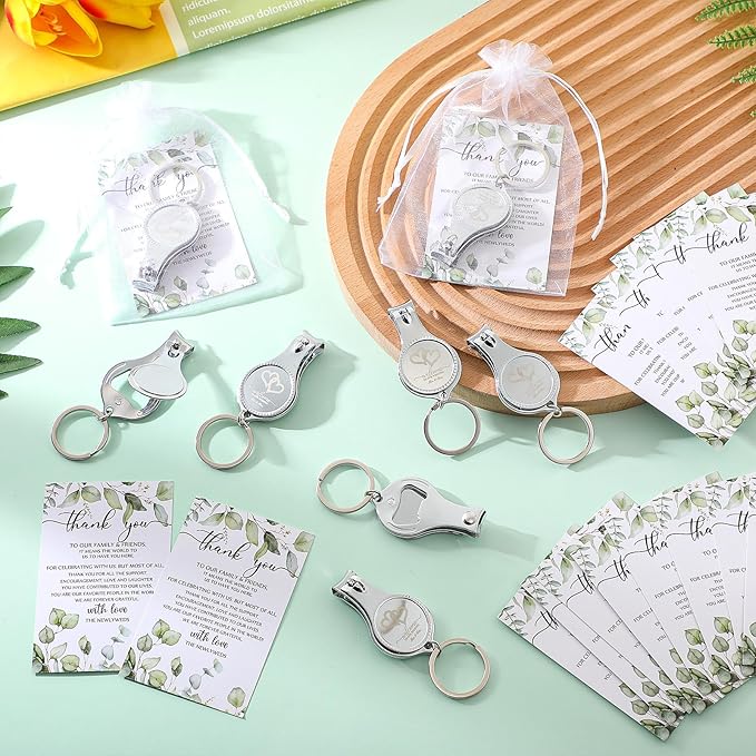 Fulmoon Wedding Multi Function Bottle Opener Nail Clipper Wedding Favors Brewery Cards White Organza Bags for Party Supplies Gift Souvenir Guests Men Women(50 Sets)