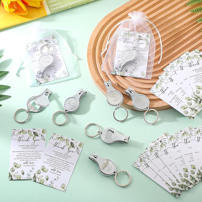 Fulmoon Wedding Multi Function Bottle Opener Nail Clipper Wedding Favors Brewery Cards White Organza Bags for Party Supplies Gift Souvenir Guests Men Women (150 Sets)