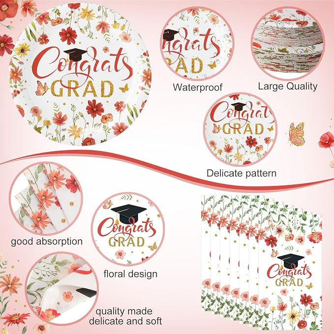 400 Pcs Class of 2026 Red Floral Graduation Decorations for 50, Red Gold White Flower Graduation Paper Plates Napkins and Cups Cutlery Grad Tableware for 2026 Congrats Grad Party Supply