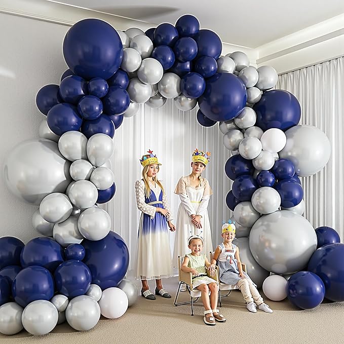 412Pcs Navy Blue and Silver Balloons Arch Garland Kit,5 10 12 18 inch Navy Blue White Silver Balloons for Birthday Wedding Graduation Anniversary Decorations