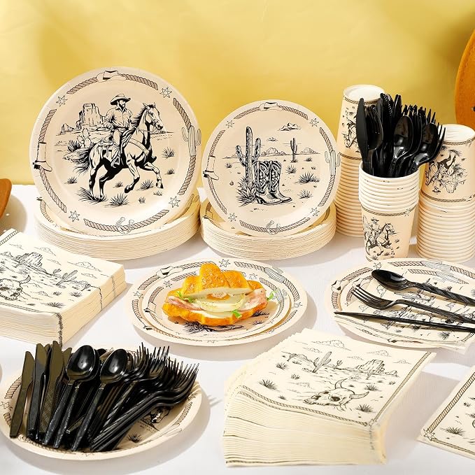 Pickmesh 400 Pcs Western Cowboy Party Plates and Napkin Decoration Wild West Rodeo Paper Tableware Cups Knives for Rodeo Bachelorette and Wild Cowboy Birthday Party Supplies Serve 50