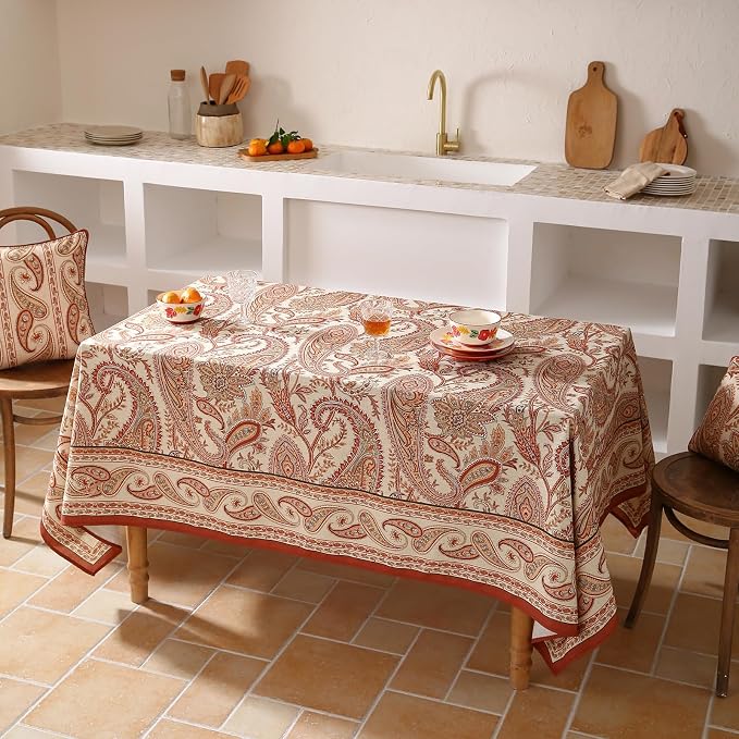 ISAENNE Designer Vintage Linen Rectangular Tablecloth,94"x63"-Chauffrey D | Vintage French Table Cloth Rectangle Table,Cashew Pattern,Durable,Heavyweight,Dining,Kitchen,Tea Party,Thanksgiving