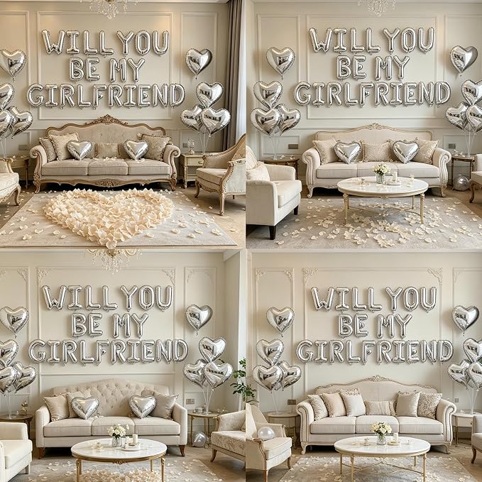 2 Set Silver Will You Be My Girlfriend Balloons - 42pcs 16" Letter Balloon 1200pcs Cream White Artificial Rose Petals 10pcs 18" Heart Balloons Alphabet Foil Balloon for Valentines Day Decorations