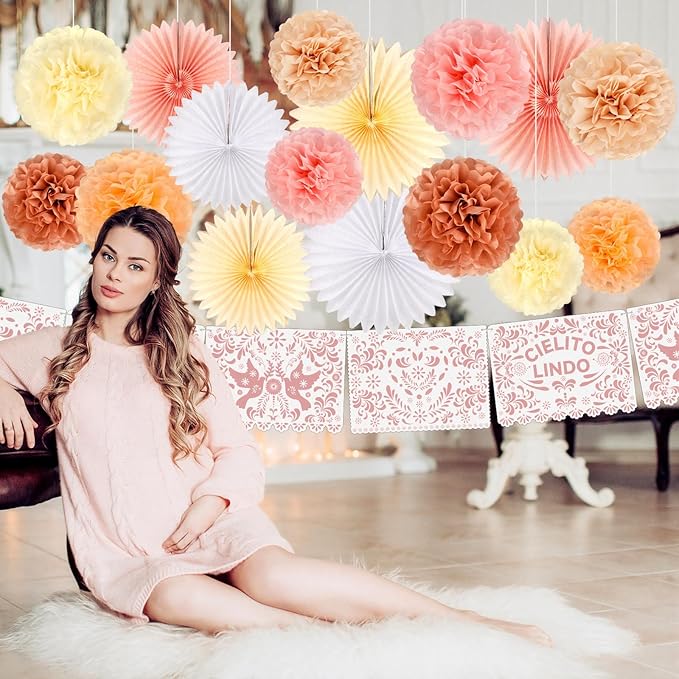 18 Pcs Cielito Lindo Party Decoration Cielito Lindo Decorations Hanging Paper Fans Pom Poms and Paper Banner for Bridal Shower, Fiesta, Engagement, Mexican Baby Shower (Pink)
