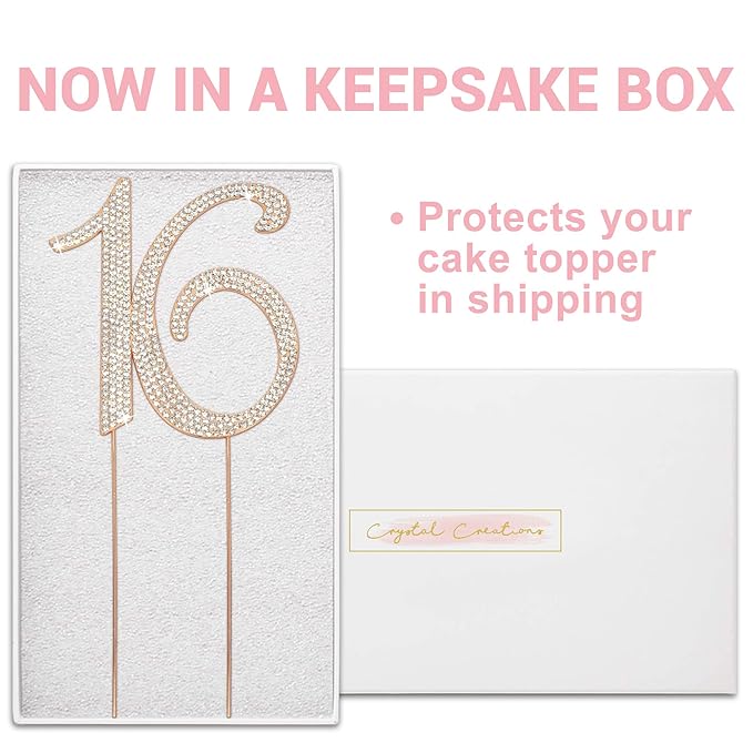 16 Cake Topper - Premium Rose Gold Metal - Sweet 16 Birthday Party Sparkly Rhinestone Decoration Makes a Great Centerpiece - Now Protected in a Box