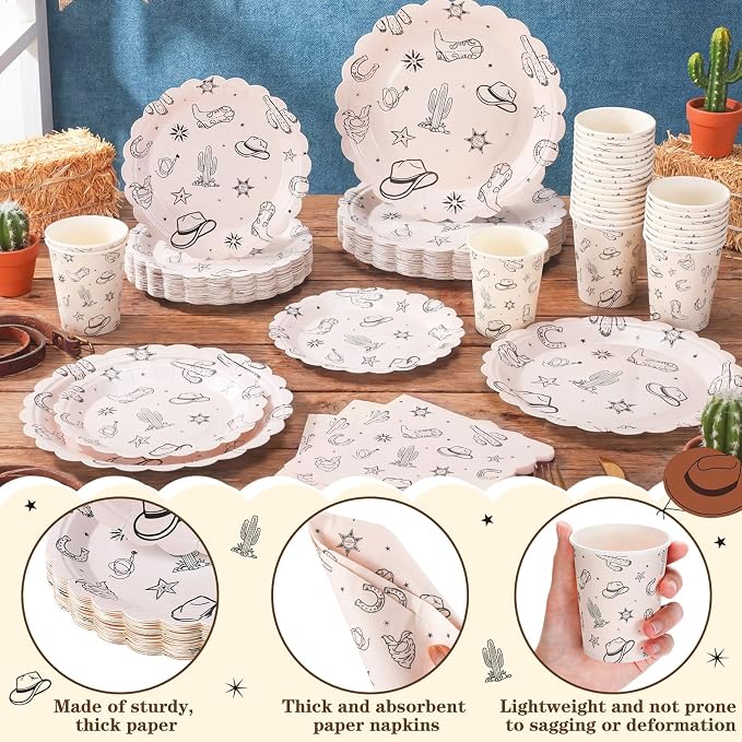 Domensi 250 Pcs Western Cowboy Party Decorations Cowboy Paper Plates Napkins and Cups Serve 50 Wild West Disposable Tableware Set for Rodeo Birthday Baby Shower Party Supplies Decoration