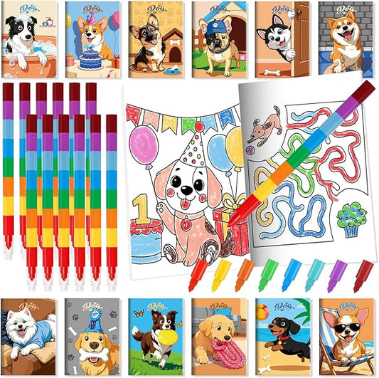 BenLouis 24 Dog Mini Coloring Books Kids with 24 Stacking Crayons Cute Puppy Party Favors Activity Books Bulk for Kids Pet Paw Goodie Bag Gift Stuffer Classroom Reward