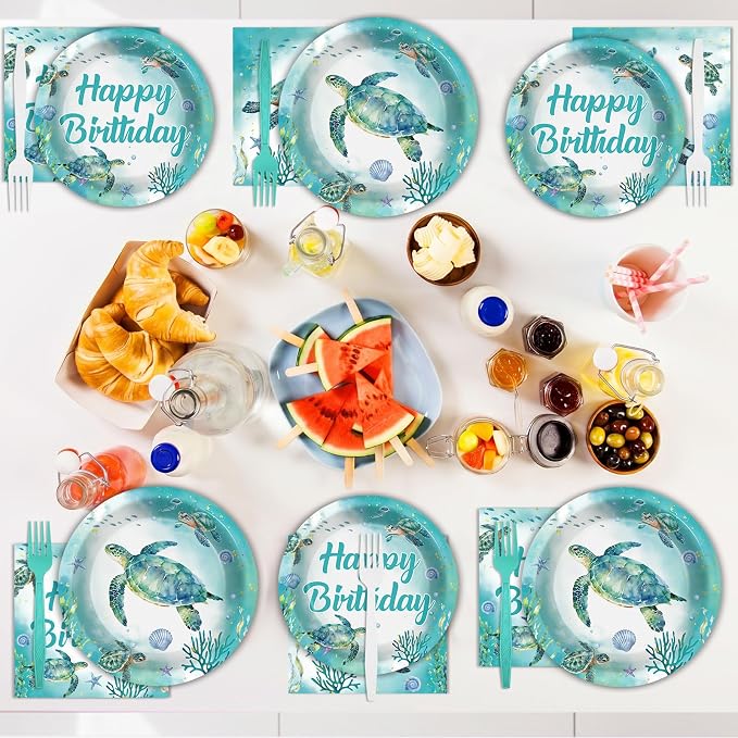 96Pcs Ocean Turtle Birthday Party Decorations Ocean Sea Party Tableware Turtles Paper Disposable Plates Napkins Under the Sea Animal Supplies for Pool Beach Underwater Birthday Decor Serves 24 Guests