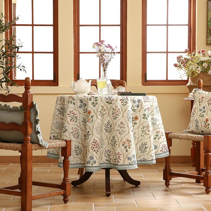 ISAENNE Designer Vintage Round Linen Tablecloth,Diameter 67"-Serenity B | Elegant Colorful Floral Pattern Beautiful Durable Heavyweight Table Cloth for Dining Room Tea Party Kitchen Thanksgiving