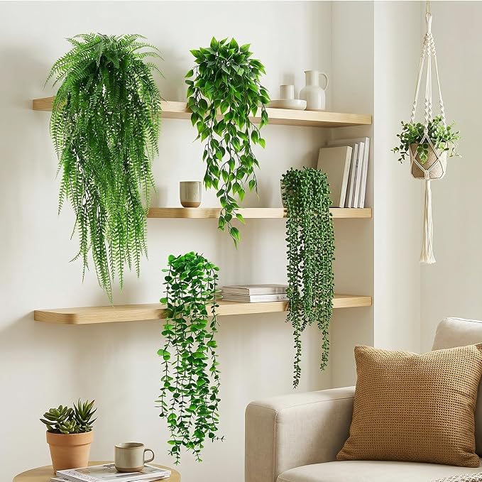 Daifunli 18 Pcs Artificial Hanging Plants Fake Hanging Ferns Plastic Fake Plant for Wall Room Garden Garland Indoor Outdoor Decor No Basket (Eucalyptu,Mandala,Boston,String of Pearl,Podocarpu,Pothos)