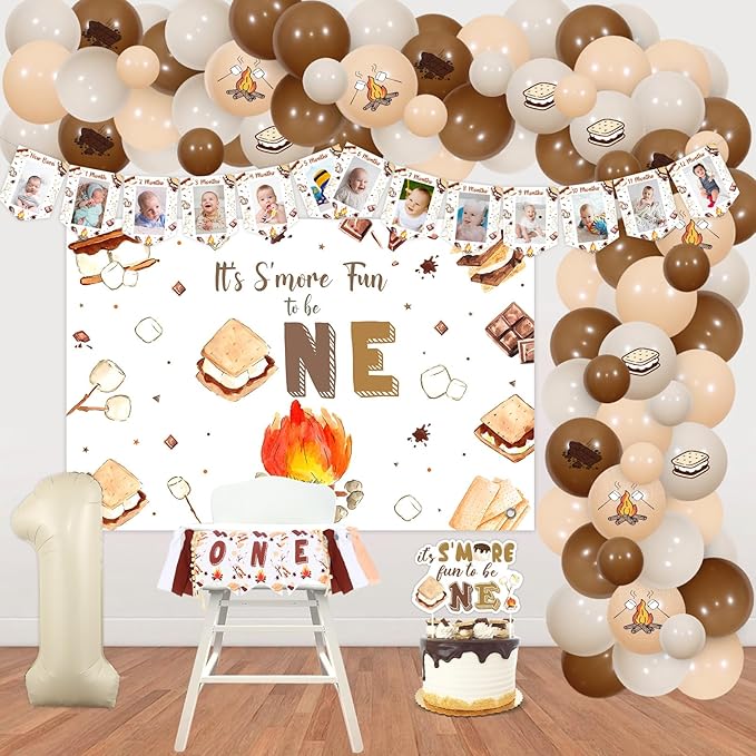 Sursurprise S’more 1st Birthday Decorations, It’s S’more Fun To Be One First Birthday Backdrop Cake Topper Photo Banner High Chair Banner Balloon Garland Arch Kit, Camping Camp Camper Party Supplies
