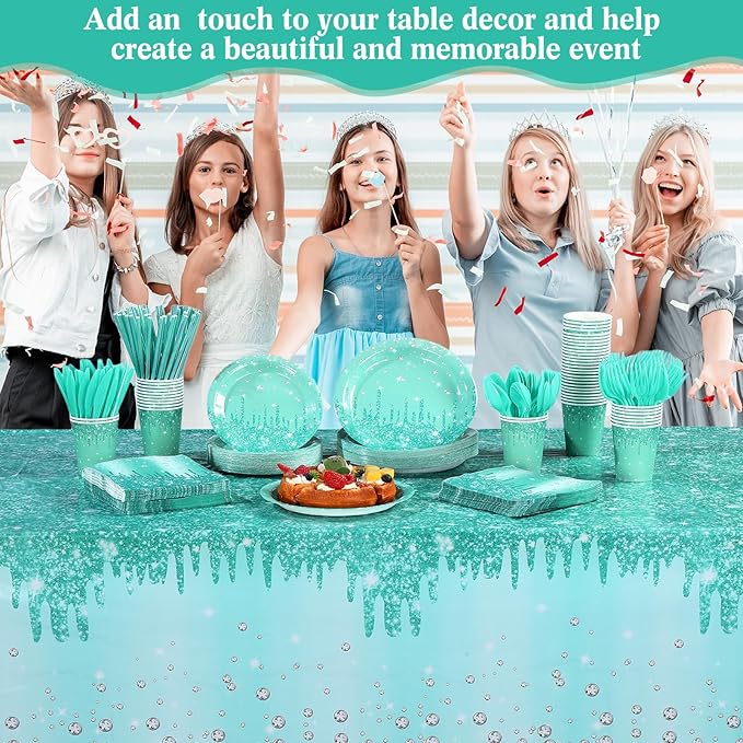 Funnymoom 452 Pcs Teal and Silver Birthday Party Decoration, Glitter Teal Paper Plates and Napkins Cups Tablecloth Cutlery Straws Turquoise Disposable Tableware Set for Women Birthday Supplies