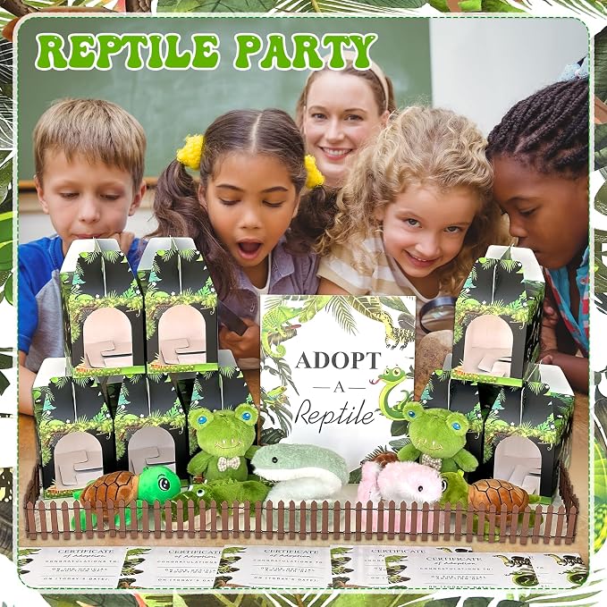38 Pcs Adopt a Pet Reptile Party Favors Include 12 Safari Reptile Plush 12 Foldable Boxes 12 Cards 1 Sign 1 Fence for Adopt an Animal Party Favors Amphibian Supplies Kit