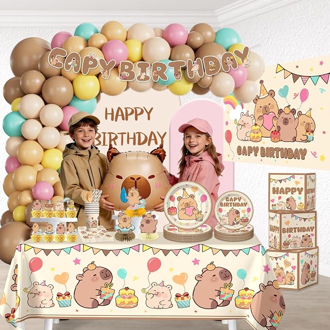 287 Pcs Capybara Birthday Decorations, Worry-Free One-Stop Set Serves 25 Guests, with Capybara Balloons Arch Kit, Backdrop, Thick Plates, and Cake Toppers, Easy Setup for Capybara Party Decorations