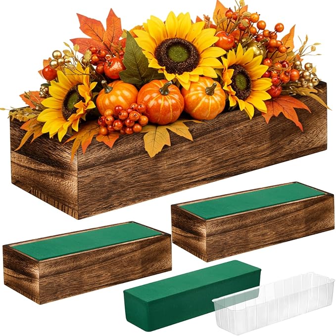 Dandat 3 Set Wood Boxes for Centerpieces 12x4 Inch Rectangle Wooden Planter Box Rustic Wood Planter with Removable Plastic Liner Floral Foam Blocks for Centerpieces Home Wedding Garden Decor